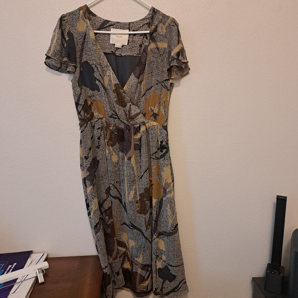 Maeve Anthropologie 100% Silk Abstract Floral Wrap Dress Grey Mustard Size 4